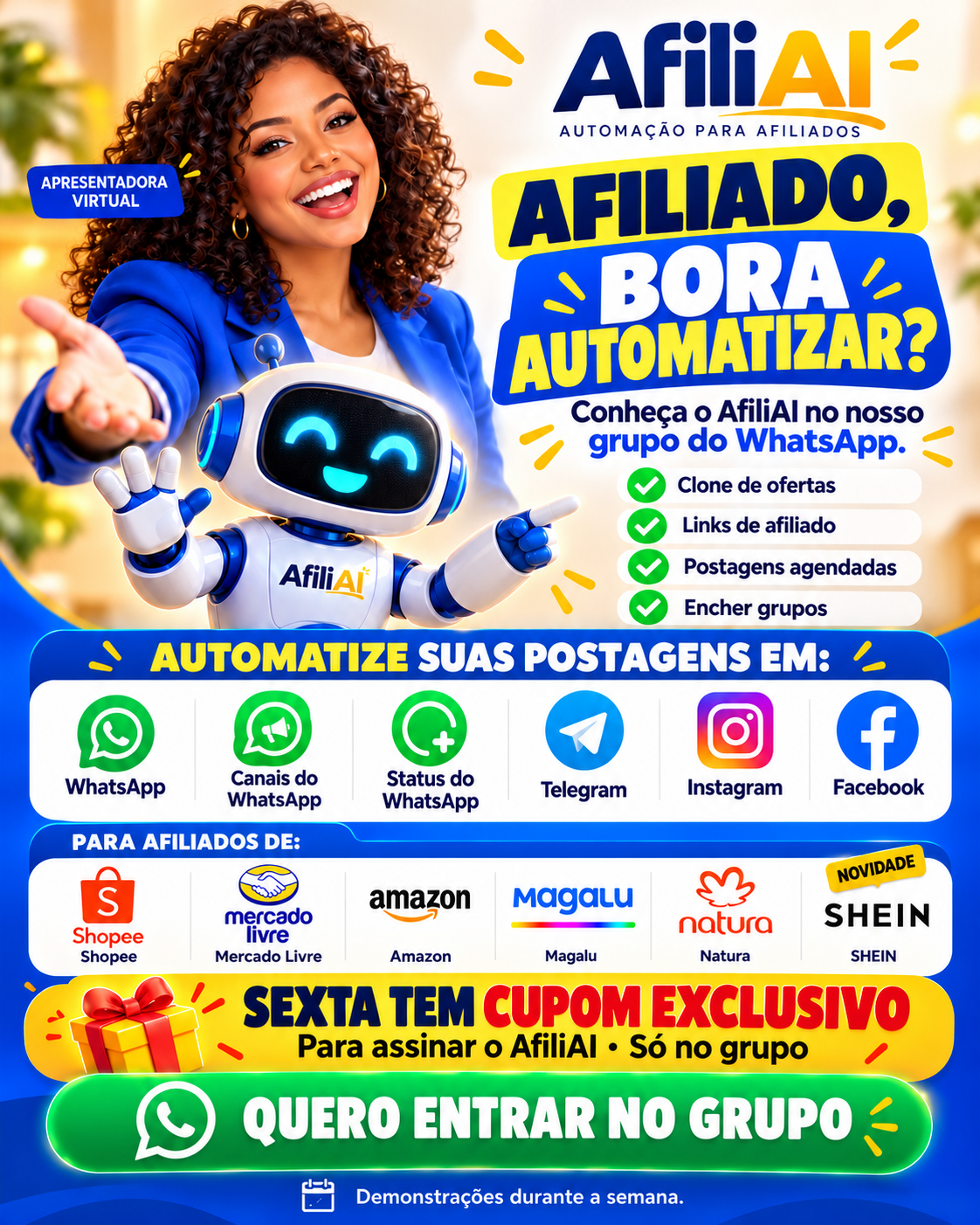 AfiliAI: automação para afiliados, demonstrações durante a semana e cupom de sexta-feira no grupo do WhatsApp. Arte com apresentadora virtual e mascote.